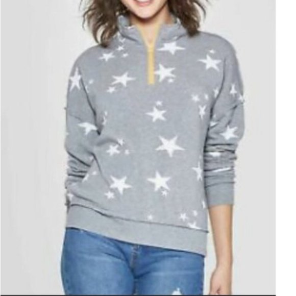 Grayson Threads Tops - Grayson Threads Star Print 1/4 Zip Pullover Contrast Zipper Gray White Yellow M